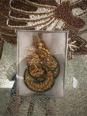 Gold and Green Kundan-Style Crescent Drop Earrings